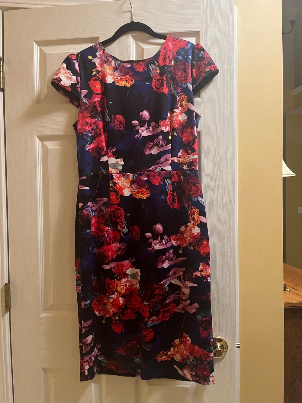 Betsey Johnson Navy Floral Sheath Dress with Red Accents